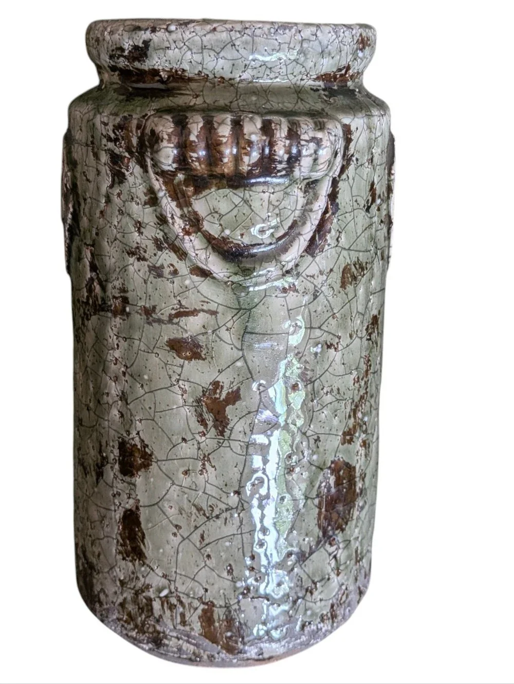 French Crackle Glaze Stoneware Vase - Distressed Green Fleur De Lis Decor Farm
